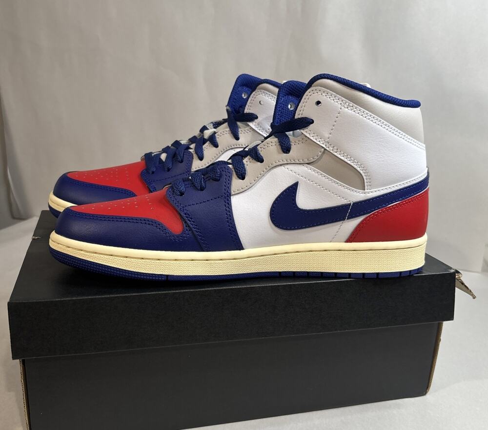 Air Jordan 1 Mid Rare Air Men’s 10.5 White Deep Royal Blue Red DQ8426-102 New